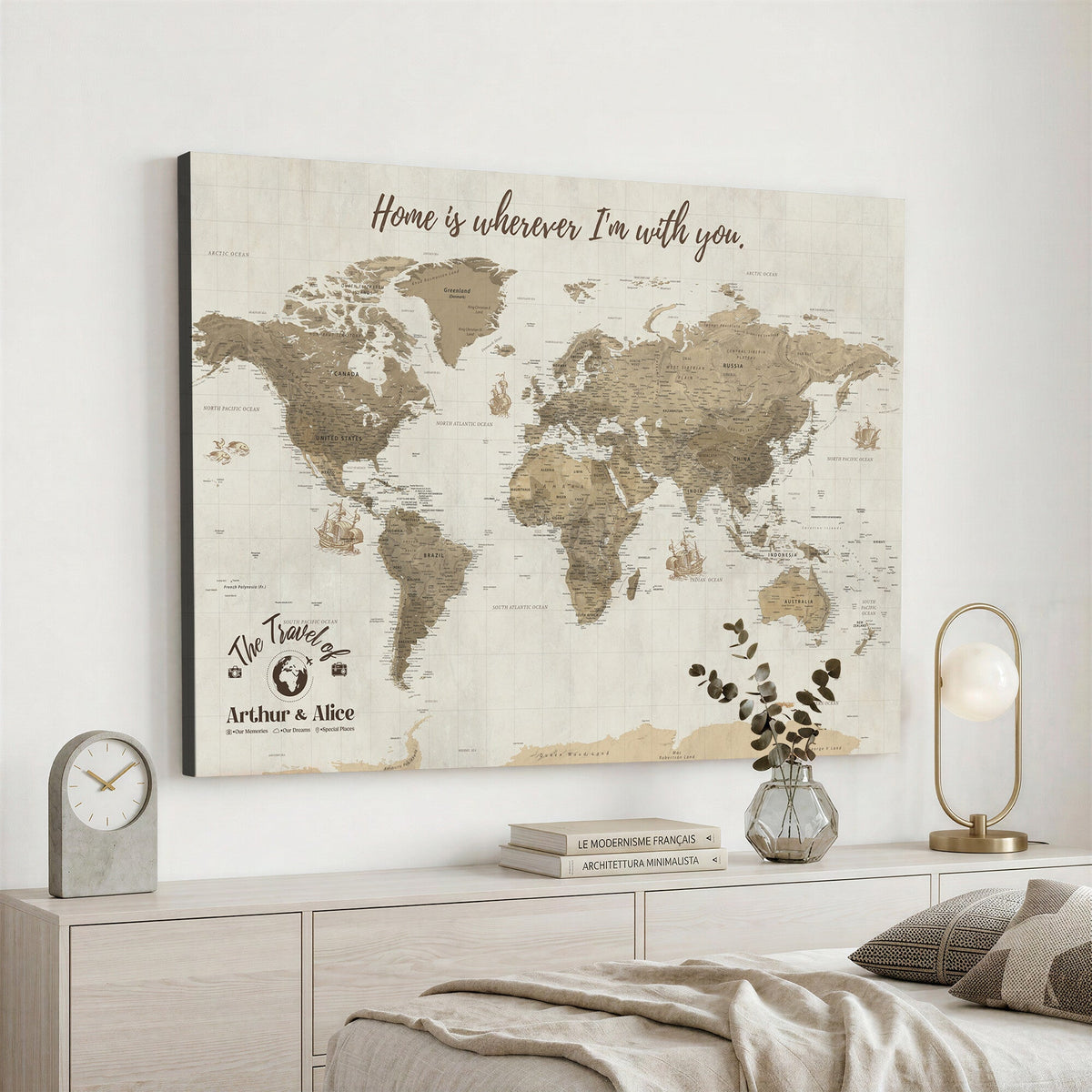Custom Beige Geometric World Map Canvas with Push Pins, Honeymoon and Anniversary Gift, Dining Room and Hallway Decor