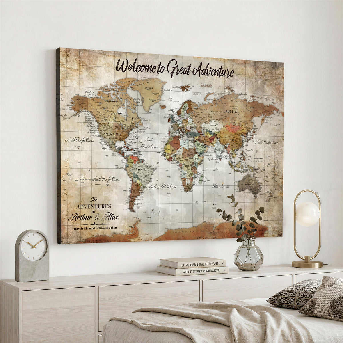 Personalized Beige Push Pin World Map Wall Art, Bucket List Map, Living Room and Family Room Decor