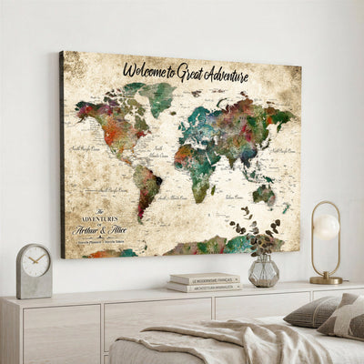 Personalized Beige Grunge World Map Canvas with Push Pins, Next Trip Planner Map, Family Room and Home Office Decor