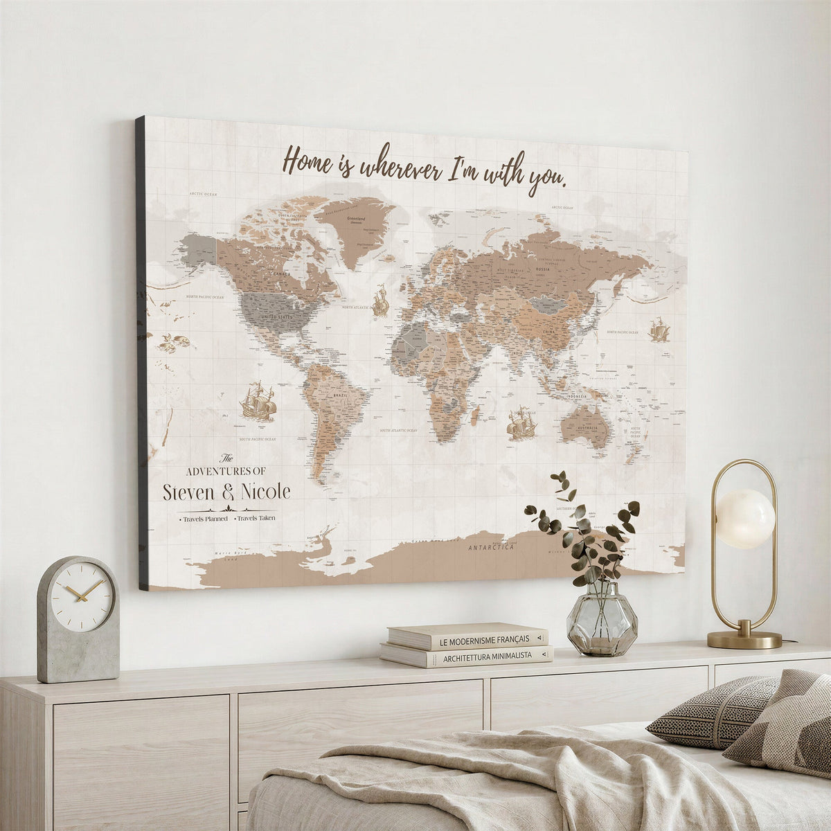 25831578-MGV-CV-36X24 - Custom Push Pin World Map Wall Art Canvas Print | Personalized Travel Tracker with Pins Framed Large for Home and Office Decor