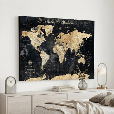 Personalized Framed Navy Modern Push Pin World Map Canvas Print, Couples Countries Visited Map, Family Room and Study Decor