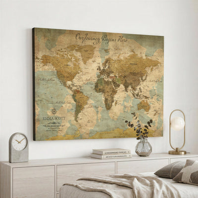 Personalized Navy Push Pin Travel Map Canvas Print, Couples Countries Visited Map, Living Room and Dining Room Decor