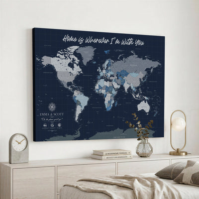 NEWMAP-18-MGV-CV-36X24 - Custom Push Pin World Map Wall Art Canvas Print | Personalized Travel Tracker with Pins Framed Large Print - NEWMAP-18