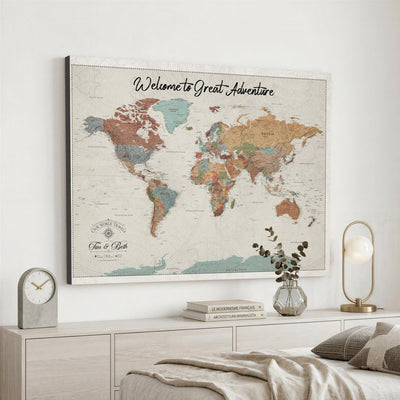 Custom Beige Push Pin World Map Canvas Print, Bucket List Map, Dining Room and Home Office Decor