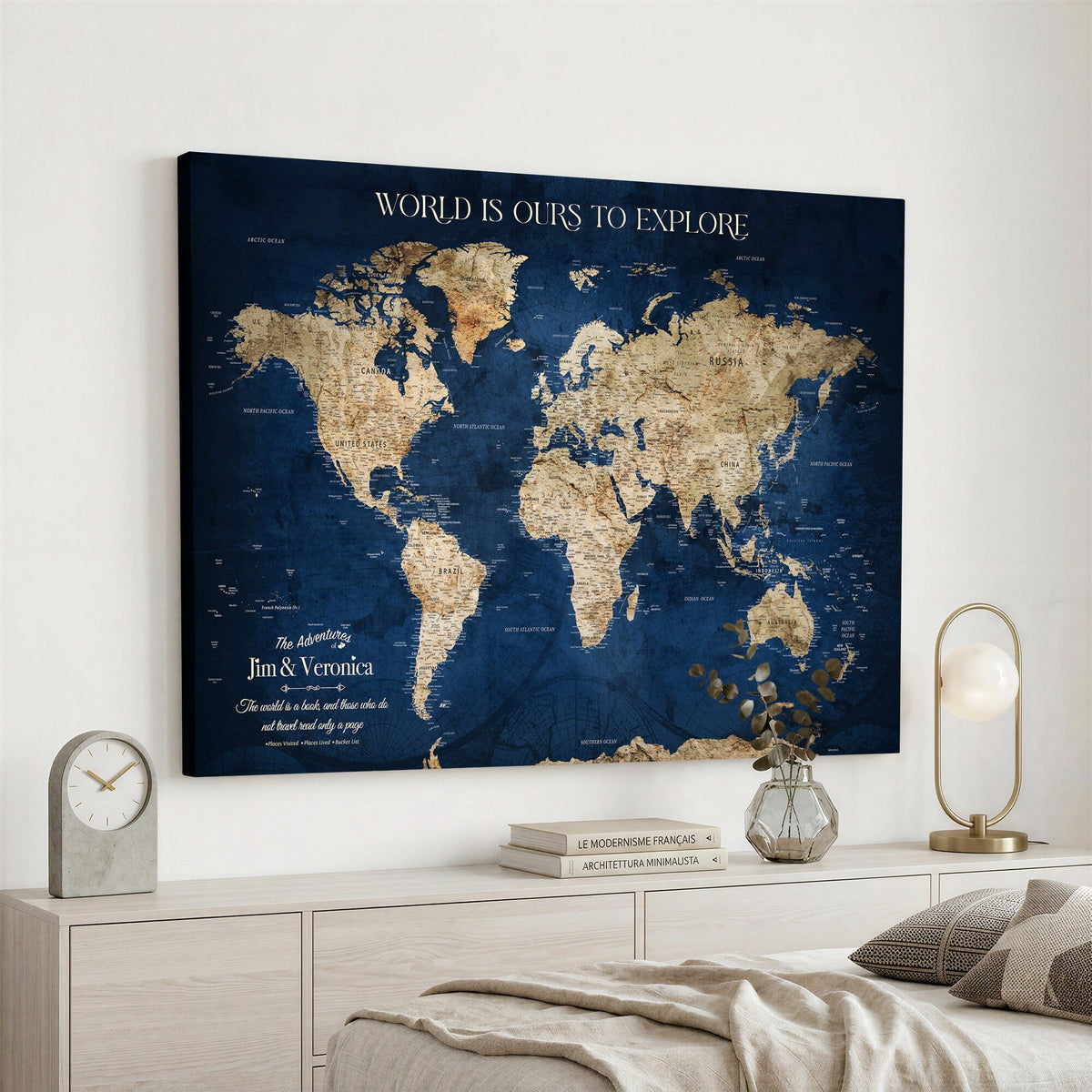 35296308-MGV-CV-36X24 - Custom Push Pin World Map Wall Art Canvas Print | Personalized Travel Tracker with Pins Framed Large for Home and Office Decor