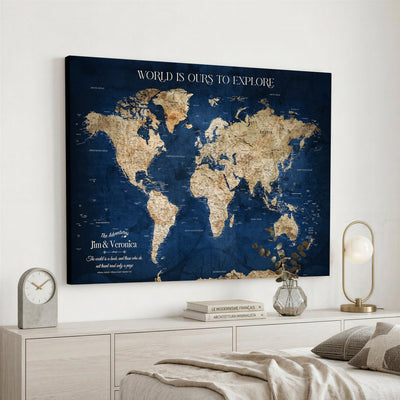 35296308-MGV-CV-36X24 - Custom Push Pin World Map Wall Art Canvas Print | Personalized Travel Tracker with Pins Framed Large for Home and Office Decor