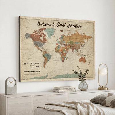 Large Personalized Beige Minimalist Push Pin World Map Wall Art, Next Trip Planner Map, Bedroom and Home Office Decor