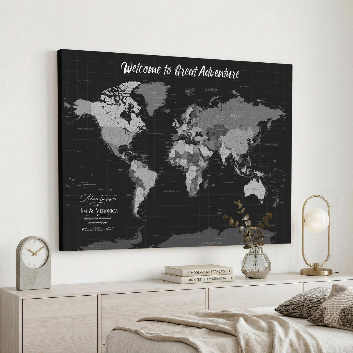Custom Framed Navy Vintage World Map Canvas with Push Pins, Next Trip Planner Map, Entryway and Hallway Decor