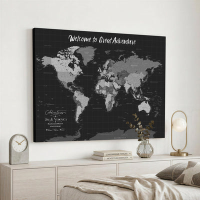 Custom Framed Navy Vintage World Map Canvas with Push Pins, Next Trip Planner Map, Entryway and Hallway Decor