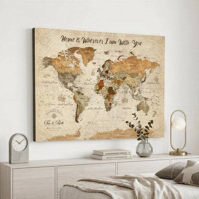 Personalized Framed Black Modern Push Pin World Map Wall Art, Couples Countries Visited Map, Dining Room and Hallway Decor