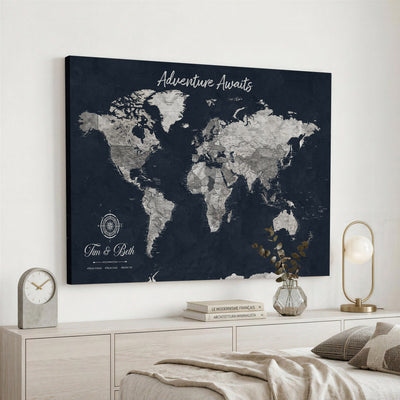 Personalized Framed Beige Vintage Push Pin World Map Wall Art, Bucket List Map, Study and Hallway Decor