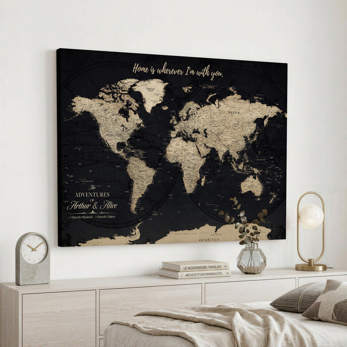 Personalized Framed Beige Modern Push Pin World Map Canvas Print, Places Visited Tracker, Family Room and Bedroom Decor