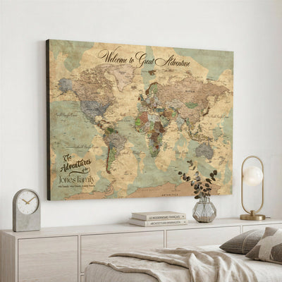 Personalized Framed Navy Vintage Push Pin World Map Wall Art, Places Visited Tracker, Bedroom and Hallway Decor
