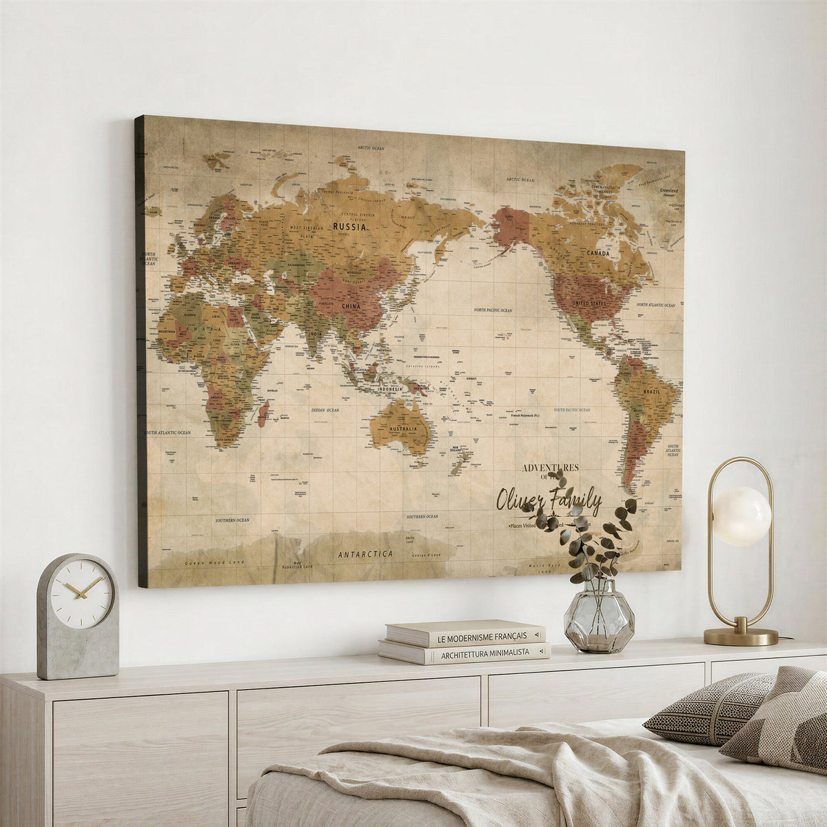 Personalized Framed Navy Modern World Map Canvas with Push Pins, Bucket List Map, Living Room and Entryway Decor