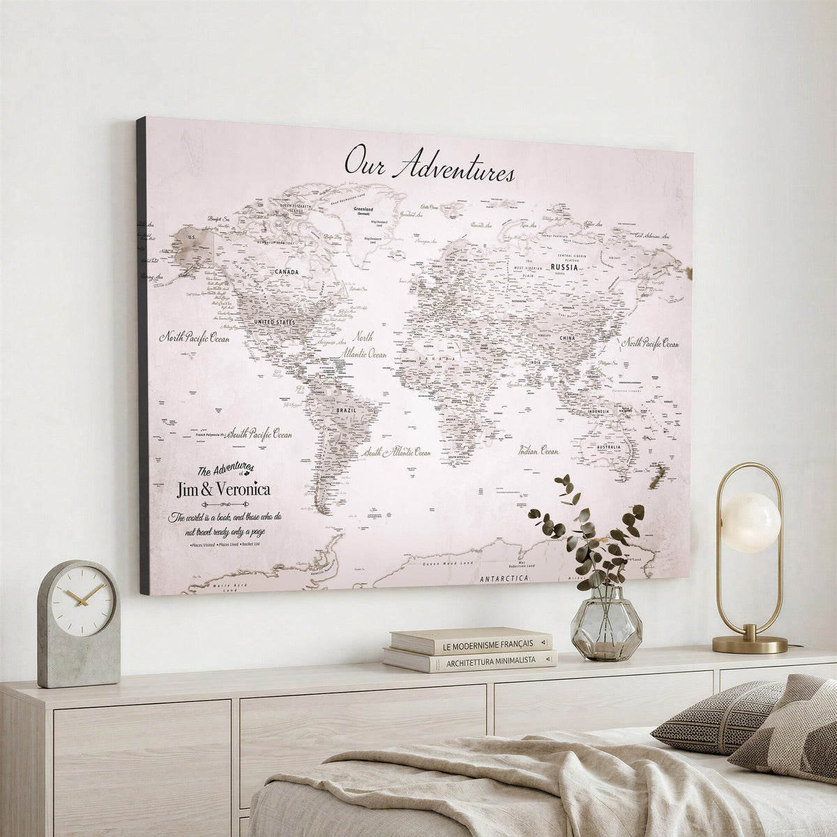 Personalized Beige Vintage World Travel Map Wall Art with Pins, Honeymoon and Anniversary Gift, Entryway and Hallway Decor