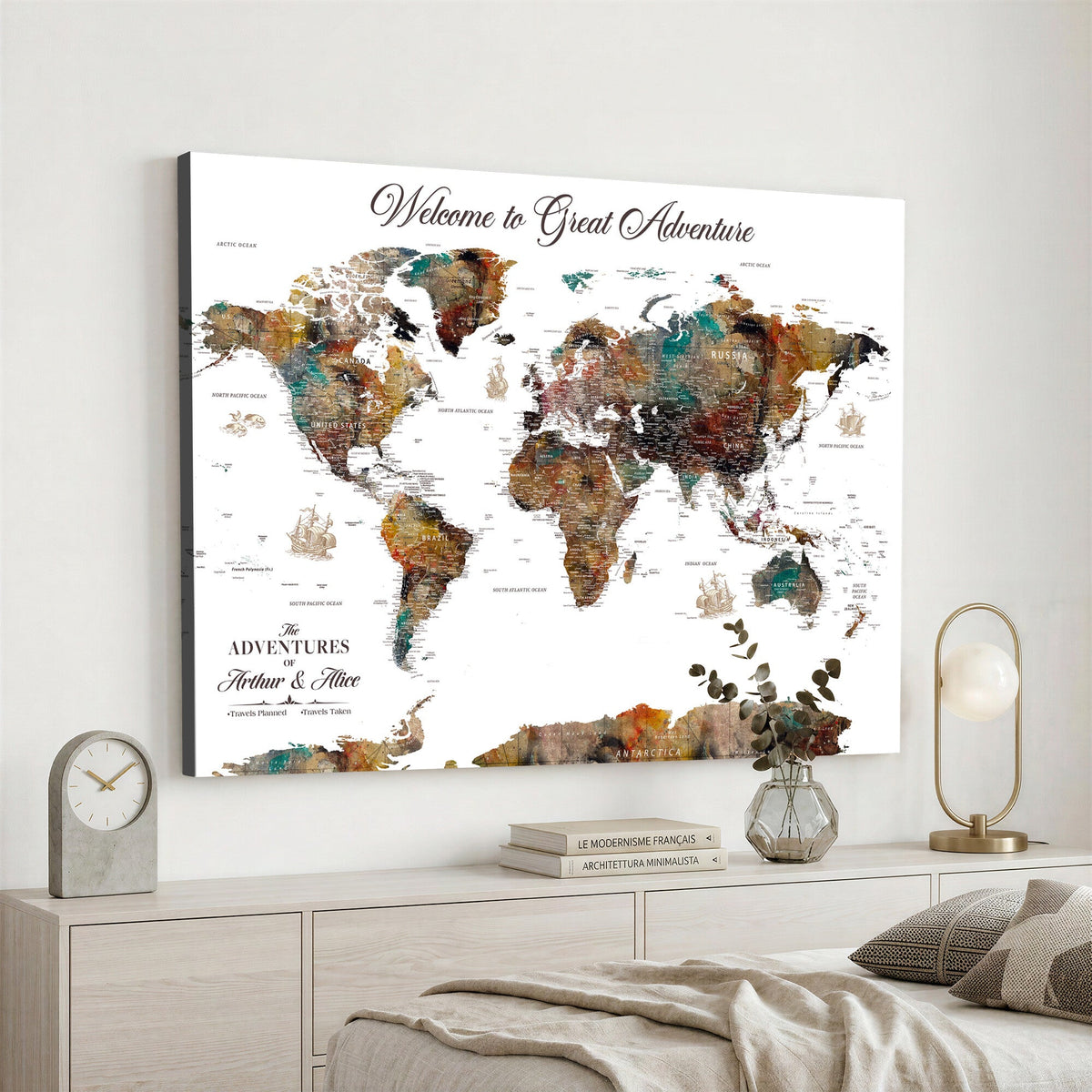 Custom Framed Beige Modern Push Pin World Map Wall Art, Couples Countries Visited Map, Study and Entryway Decor