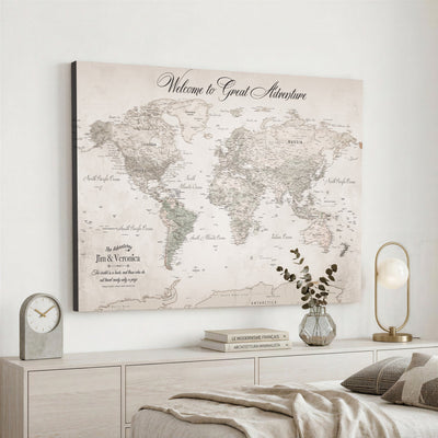 84311132-MGV-CV-36X24 - Personalized Beige World Map Canvas with Push Pins, Places Visited Tracker, Family Room and Entryway Decor