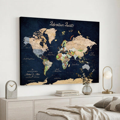 Personalized Beige Antique Push Pin Travel Map Canvas Print, Bucket List Map, Dining Room and Entryway Decor