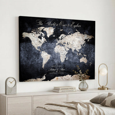 Personalized Beige Modern Push Pin Travel Map Canvas Print, Places Visited Tracker, Study and Entryway Decor