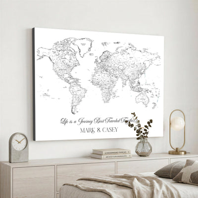 Personalized Framed Beige Modern Push Pin Travel Map Canvas Print, Couples Countries Visited Map, Living Room and Family Room Decor
