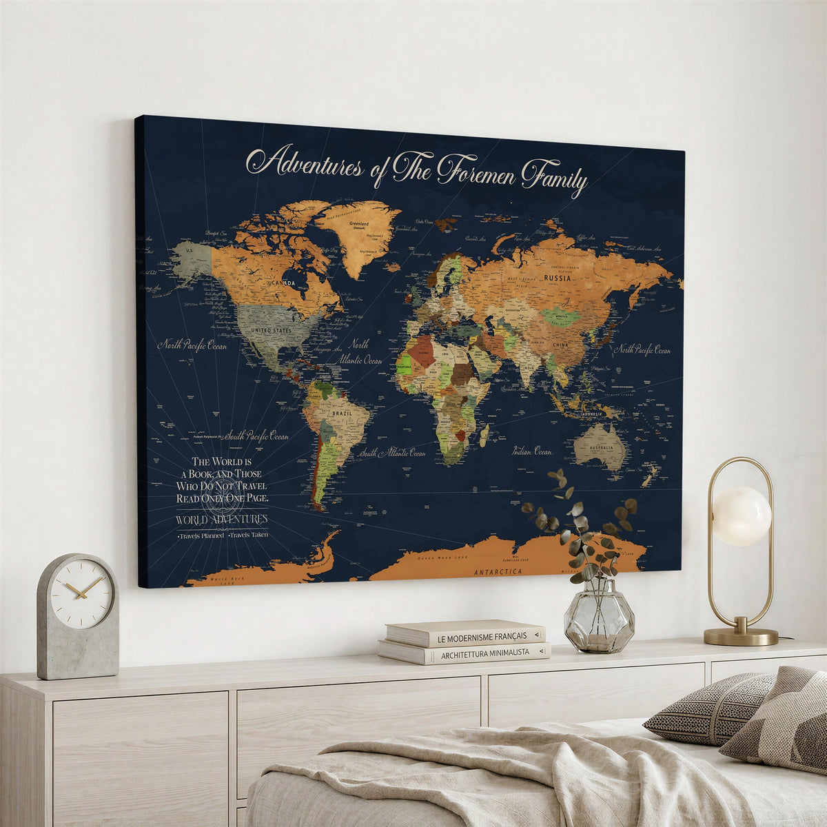 84352304-MGV-CV-36X24 - Custom Push Pin Travel Map Canvas Print, Honeymoon and Anniversary Gift, Living Room and Dining Room Decor