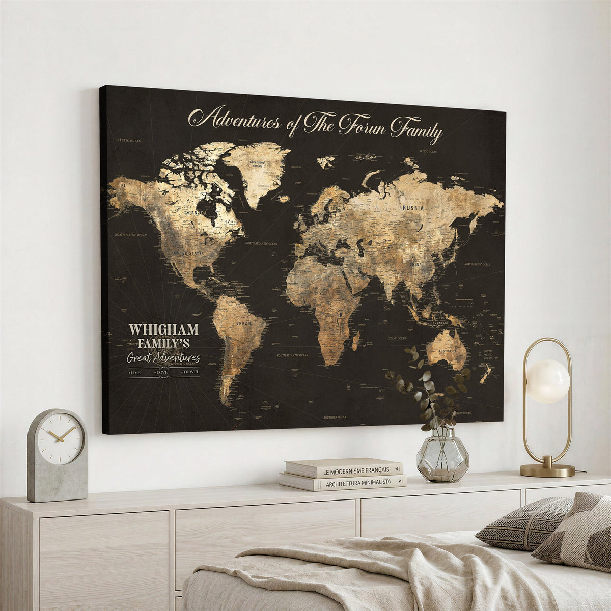 Personalized Framed Beige World Travel Map Wall Art with Pins, Couples Countries Visited Map, Family Room and Dining Room Decor