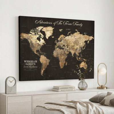 Personalized Framed Beige World Travel Map Wall Art with Pins, Couples Countries Visited Map, Family Room and Dining Room Decor
