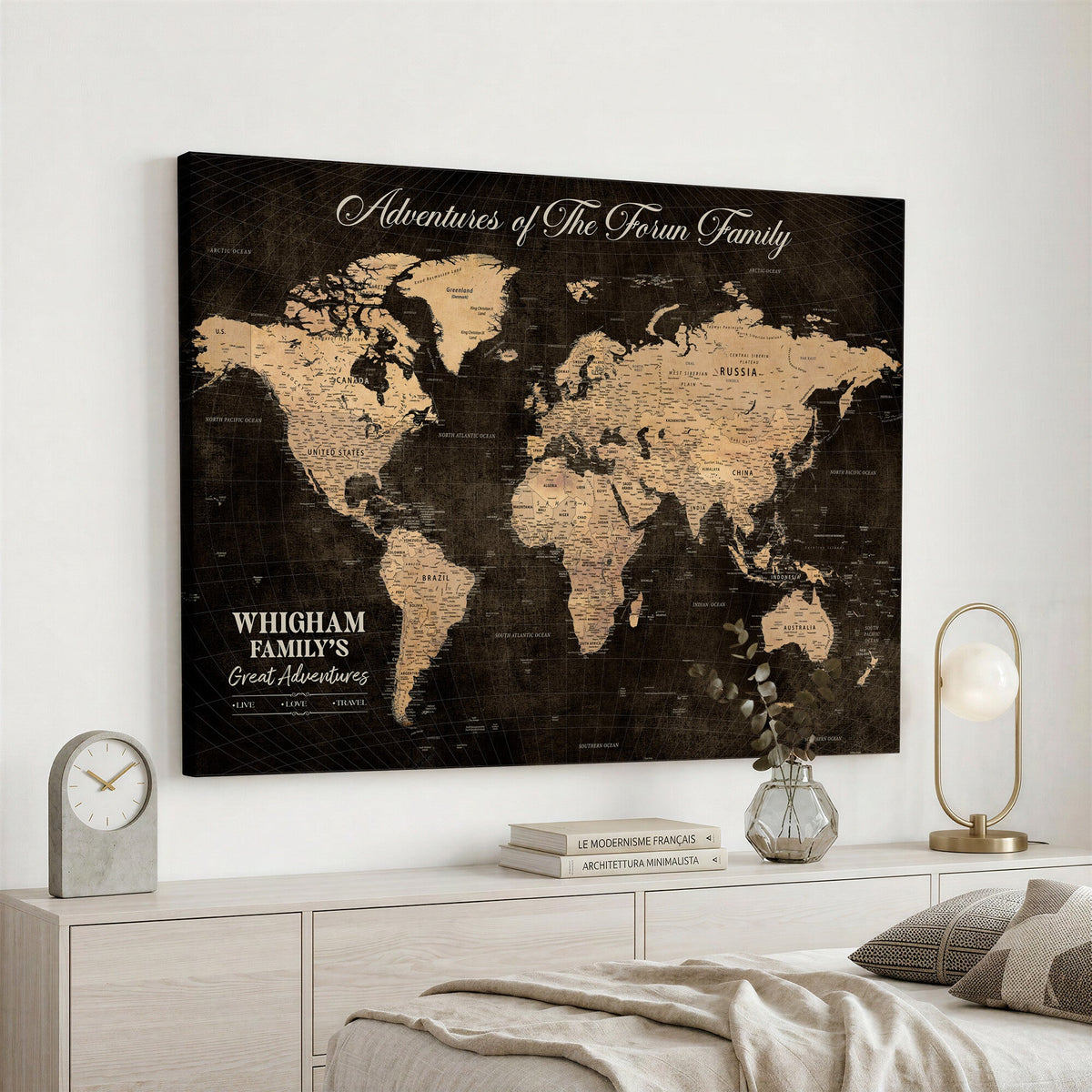 Personalized Framed Beige Geometric Push Pin Travel Map Canvas Print, Honeymoon and Anniversary Gift, Dining Room and Hallway Decor