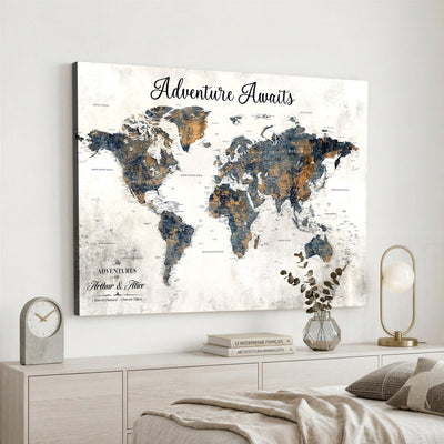 Custom Framed Beige Geometric World Travel Map Wall Art with Pins, Places Visited Tracker, Family Room and Home Office Decor