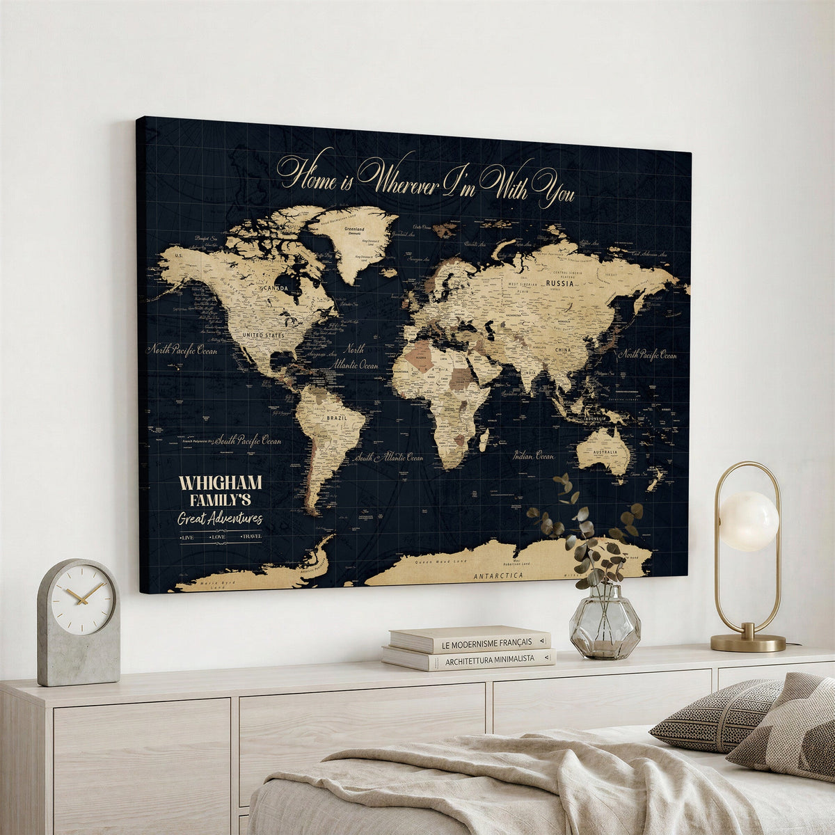 Personalized Framed Beige Geometric Push Pin World Map Wall Art, Couples Countries Visited Map, Bedroom and Hallway Decor
