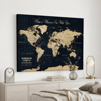 Personalized Framed Beige Geometric Push Pin World Map Wall Art, Couples Countries Visited Map, Bedroom and Hallway Decor