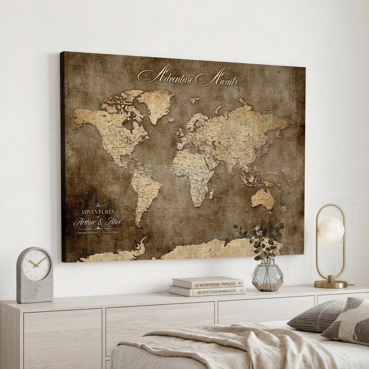 Personalized Framed Beige Push Pin Travel Map Canvas Print, Bucket List Map, Bedroom and Study Decor