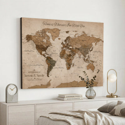Personalized Framed Beige World Map Canvas with Push Pins, Honeymoon and Anniversary Gift, Living Room and Hallway Decor