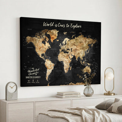 73732636-MGV-CV-36X24 - Custom Push Pin World Map Wall Art Canvas Print | Personalized Travel Tracker with Pins Framed Large for Home and Office Decor