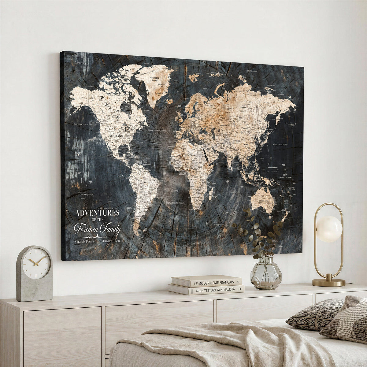 Personalized Framed Beige Push Pin World Map Canvas Print, Bucket List Map, Living Room and Hallway Decor