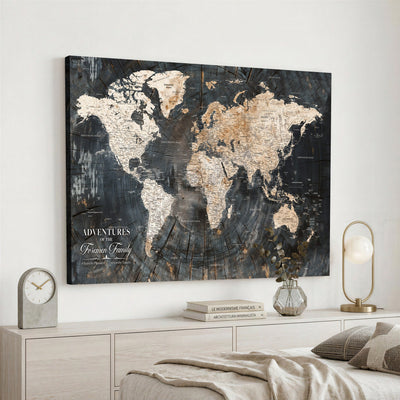 Personalized Framed Beige Push Pin World Map Canvas Print, Bucket List Map, Living Room and Hallway Decor