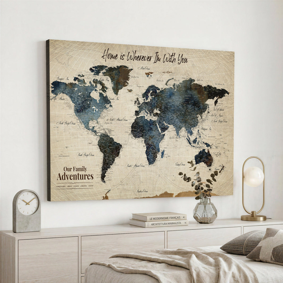 Personalized Framed Black Modern Push Pin Travel Map Canvas Print, Family Travel Tracker, Home Office and Entryway Decor