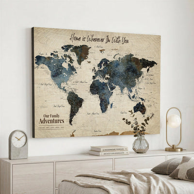 Personalized Framed Black Modern Push Pin Travel Map Canvas Print, Family Travel Tracker, Home Office and Entryway Decor