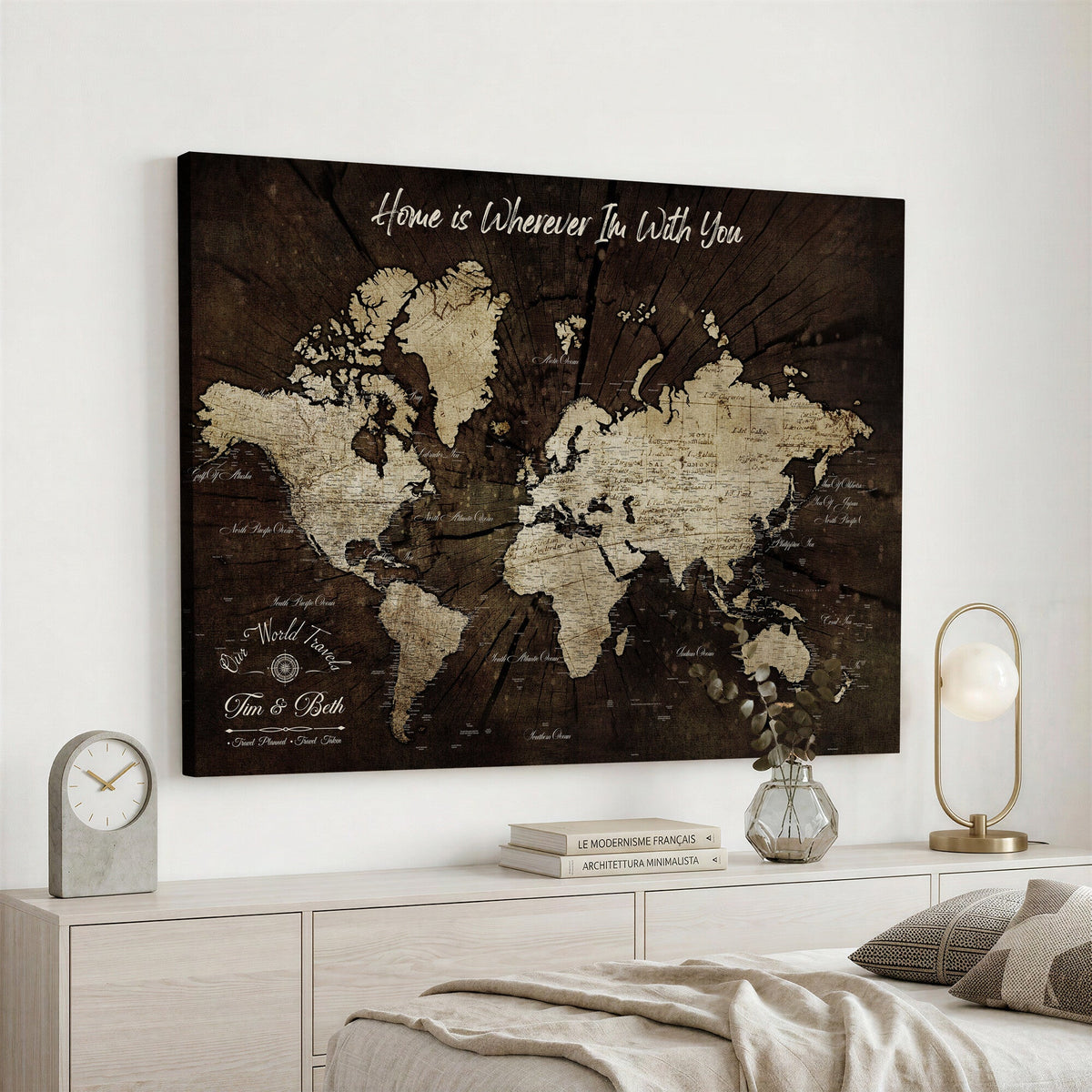Personalized Watercolor Push Pin World Map Canvas Wall Art, Custom Framed Travel Map - NEWMAP-094