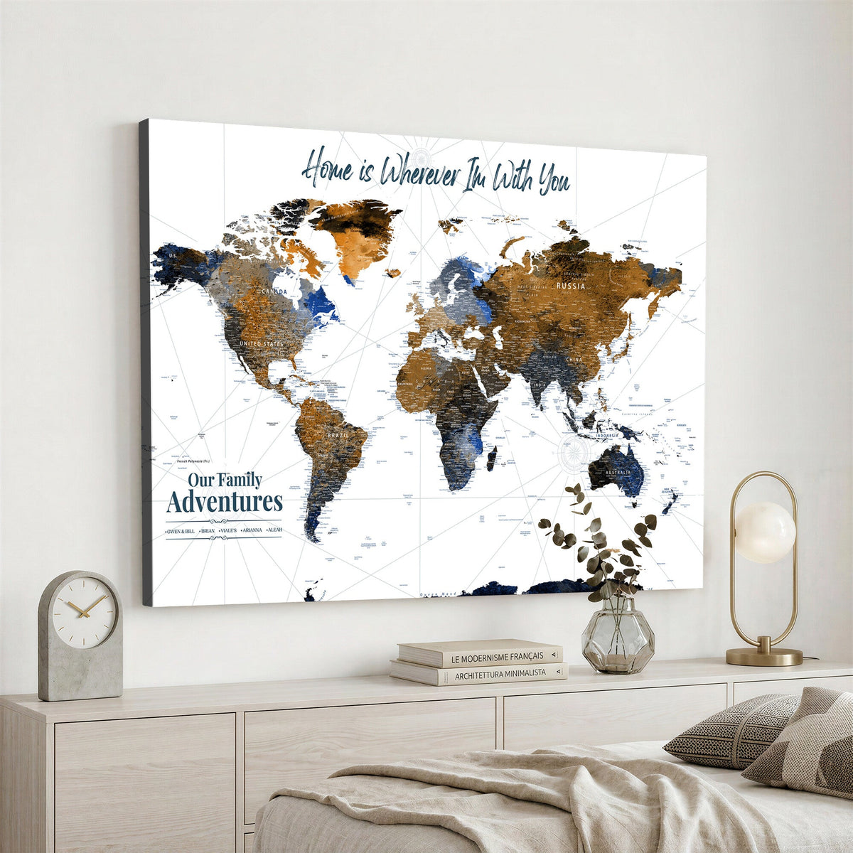 Personalized Framed Beige Modern Push Pin World Map Wall Art, Next Trip Planner Map, Family Room and Home Office Decor