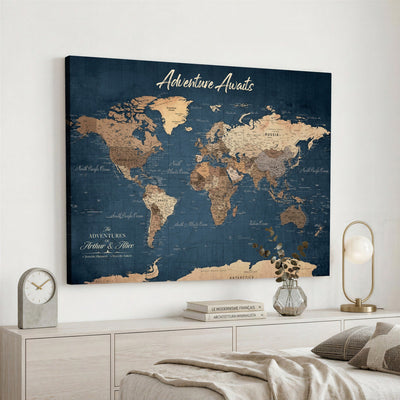Personalized White Vintage World Travel Map Wall Art with Pins, Next Trip Planner Map, Family Room and Dining Room Decor