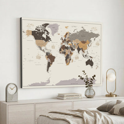 58777746-MGV-CV-36X24 - Custom Beige Modern Push Pin World Map Canvas Print, Places Visited Tracker, Bedroom and Study Decor