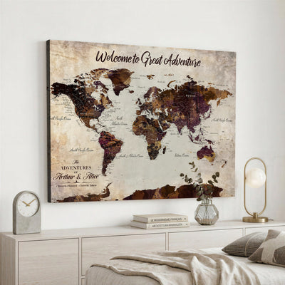 64110391126-MGV-CV-36X24 - Custom Beige World Travel Map Wall Art with Pins, Places Visited Tracker, Family Room and Entryway Decor