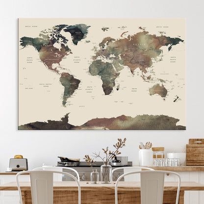 Push Pin World Map Canvas Print – Framed Wall Art for Couples to Track Their Travels – Anniversary Gift or Home Adventure Decor