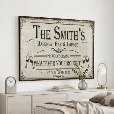 Custom Basement Bar & Lounge Sign Canvas, Personalized Family Name Art