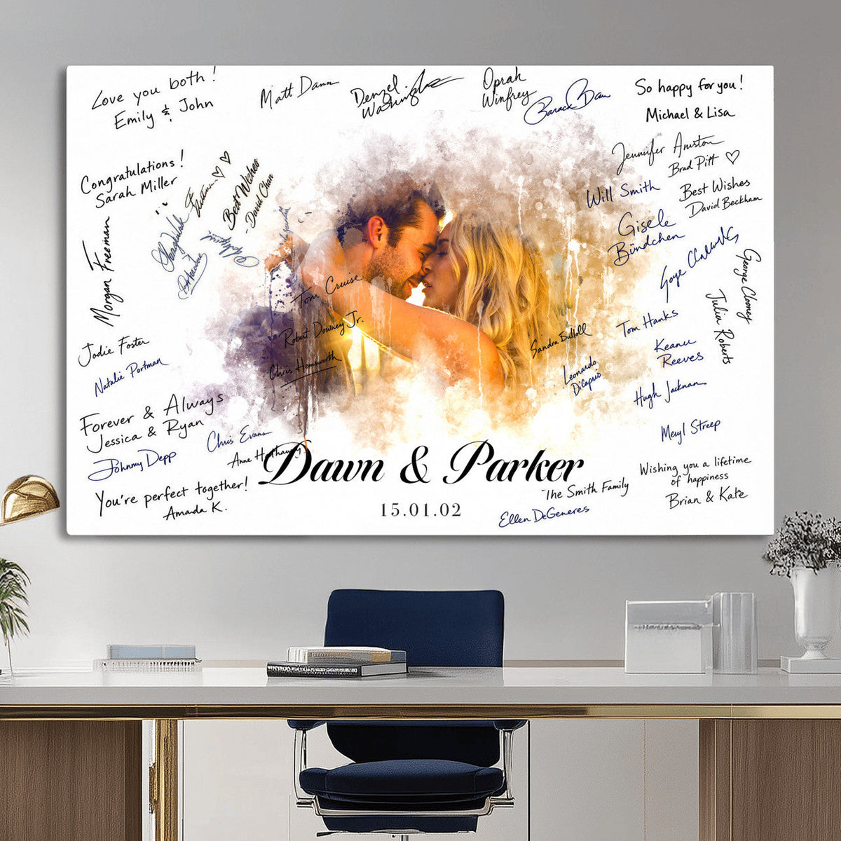 74713307-MGV-CV-36X24 - Wedding Guest Book Alternative Wall Art Canvas Print, Personalized Couple Photo Guestbook Wedding Signature Poster, Custom Couple Photo Guestbook Canvas, Bridal Shower Reception Decor
