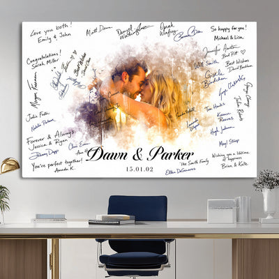74713307-MGV-CV-36X24 - Wedding Guest Book Alternative Wall Art Canvas Print, Personalized Couple Photo Guestbook Wedding Signature Poster, Custom Couple Photo Guestbook Canvas, Bridal Shower Reception Decor