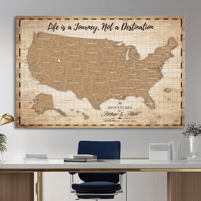 19102499-MGV-CV-36X24 - Personalized USA Push Pin Travel Map, Custom United States Map, Push Pin Map, USA Bucket List Map, Anniversary Gift | Couple Travel Map Wall Art