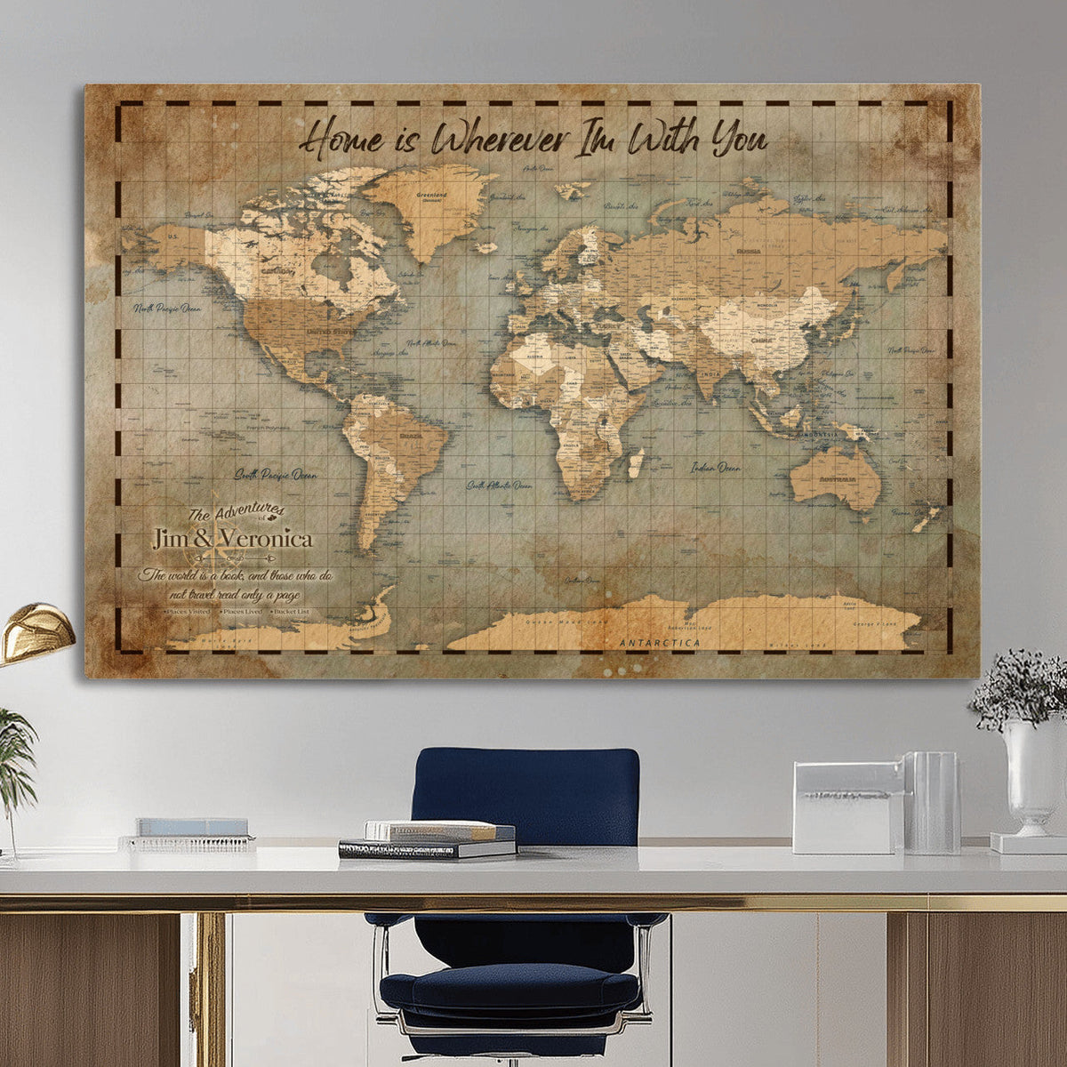 97123877-MGV-CV-36X24 - Vintage Custom Push Pin World Map Print - Vintage Travel Map Canvas, Personalized Names Anniversary Gift, Places Visited Pin Board