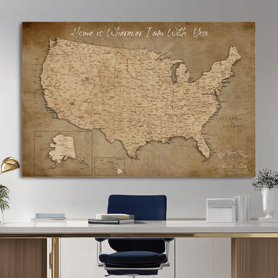 21454917-MGV-CV-36X24 - Personalized USA Push Pin Travel Map, Custom United States Map, Push Pin Map, USA Bucket List Map, Anniversary Gift | Couple Travel Map Wall Art